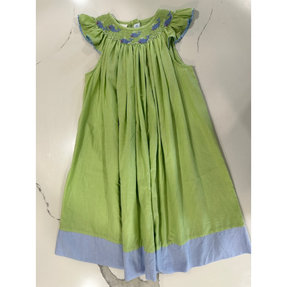Vive La Fete Girls Green Gingham Smocked Whale Dress Flutter Sleeve 4T